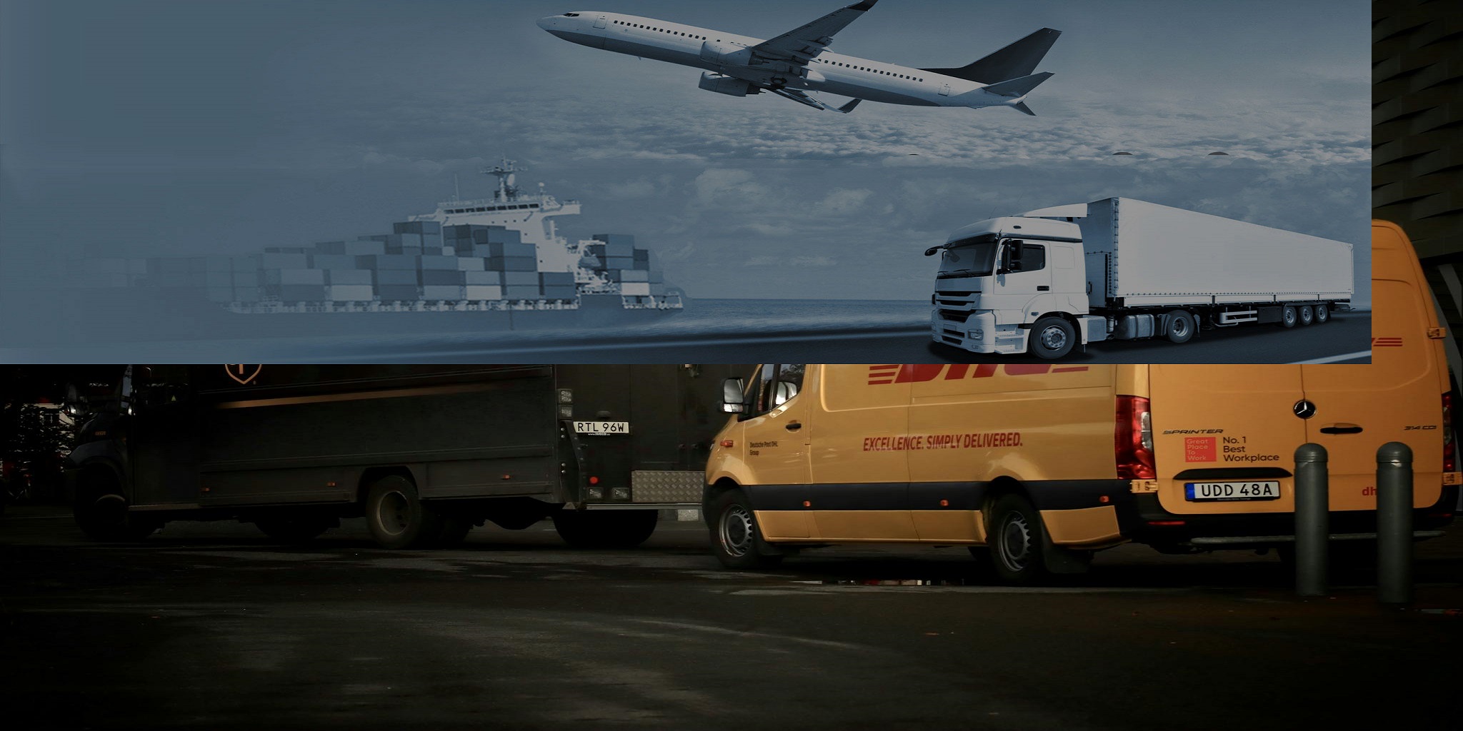 DHL and UPS delivery trucks parked at night near a modern building, ready for logistics operations.